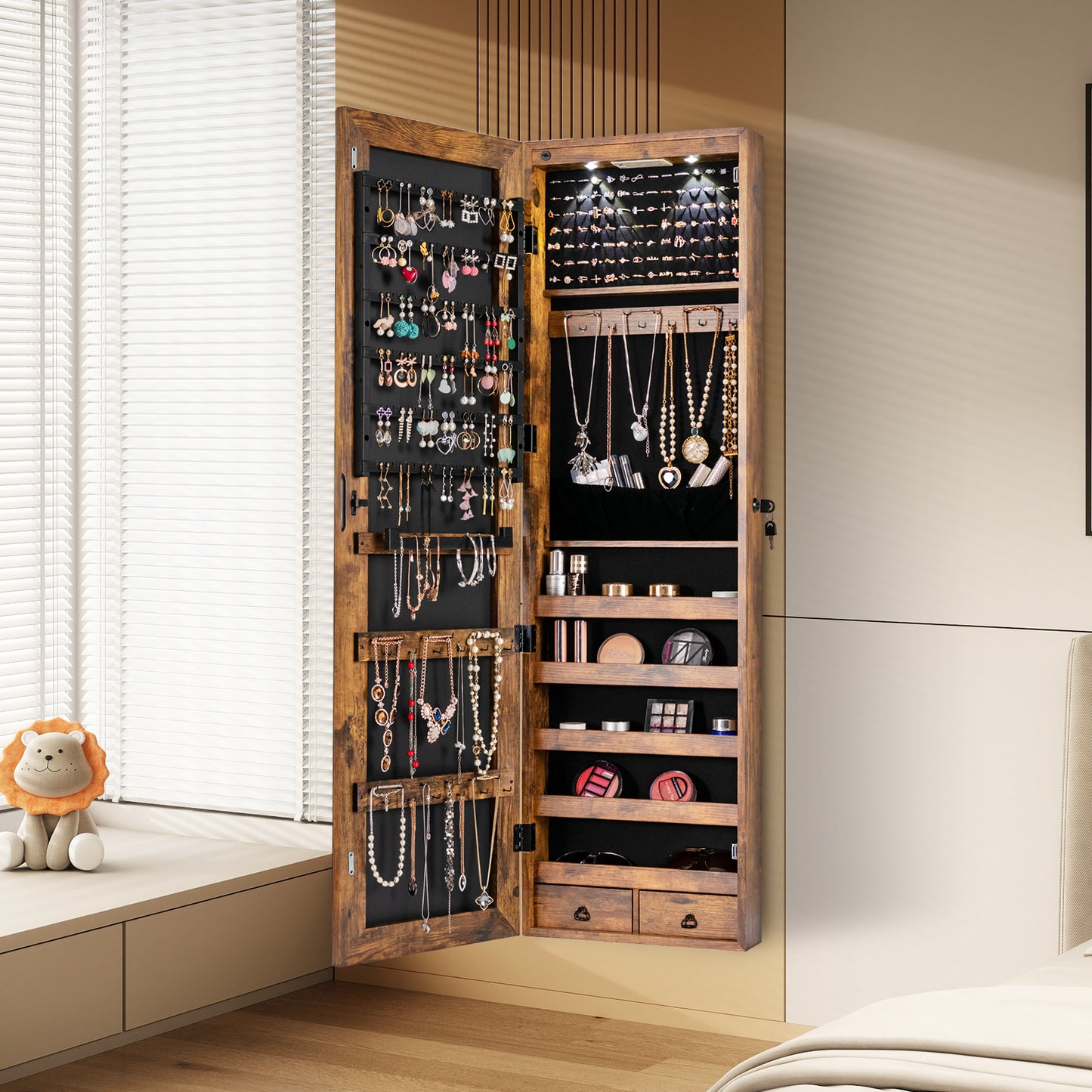 Wall and Door Mounted Mirrored Jewelry Cabinet with Lights-Rustic Brown Kids Crystal