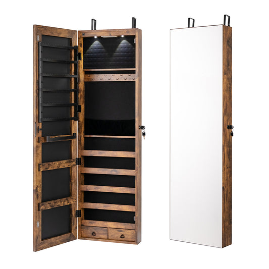 Wall and Door Mounted Mirrored Jewelry Cabinet with Lights-Rustic Brown Kids Crystal