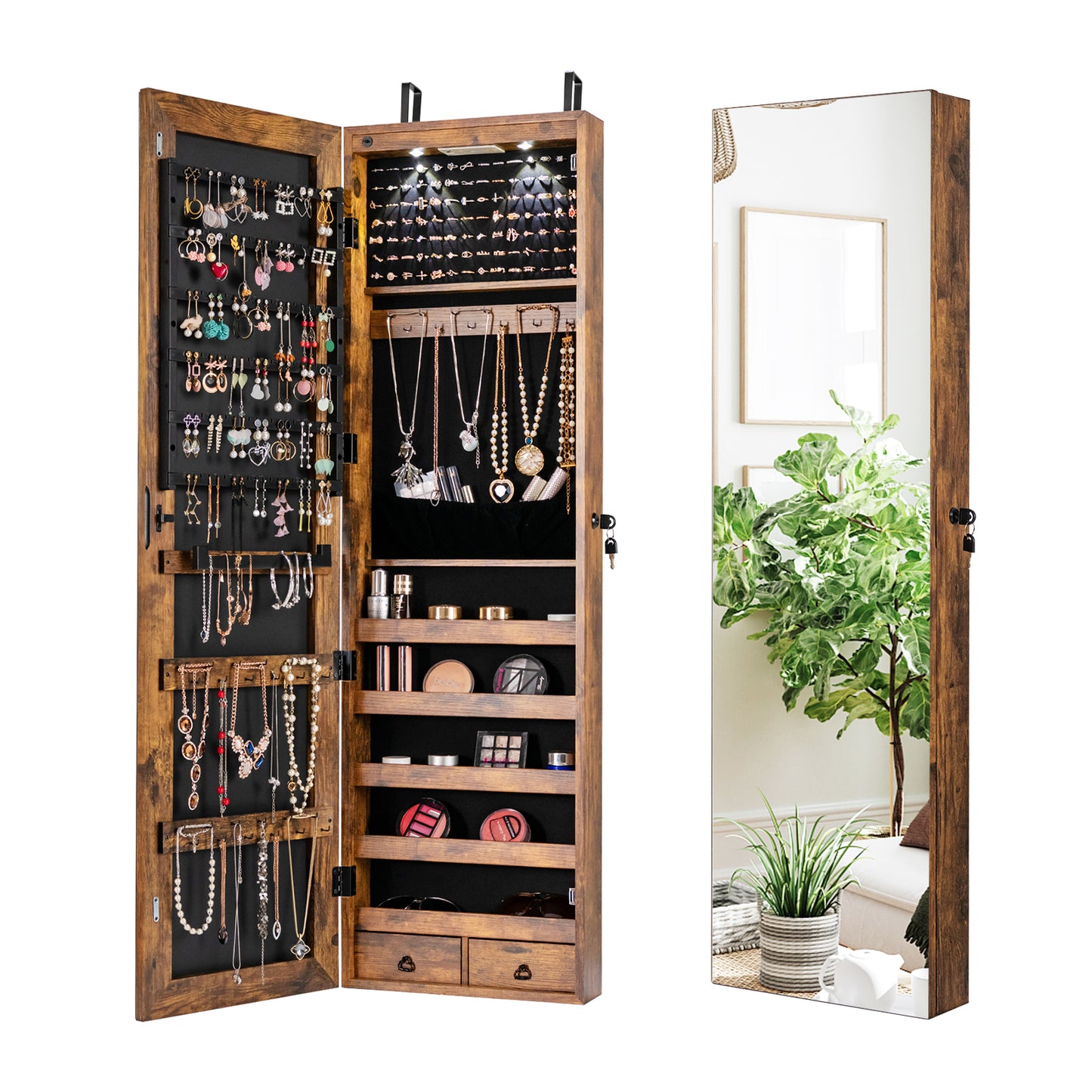 Wall and Door Mounted Mirrored Jewelry Cabinet with Lights-Rustic Brown Kids Crystal