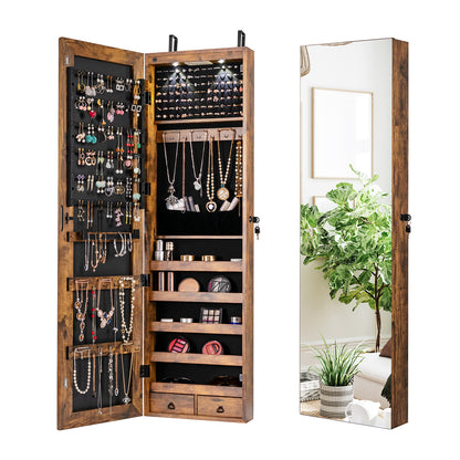 Wall and Door Mounted Mirrored Jewelry Cabinet with Lights-Rustic Brown