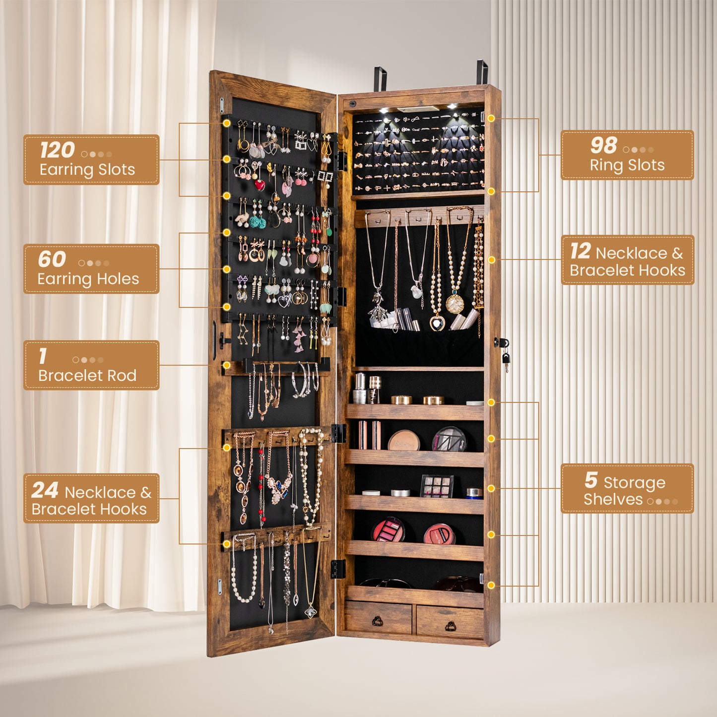 Wall and Door Mounted Mirrored Jewelry Cabinet with Lights-Rustic Brown Kids Crystal