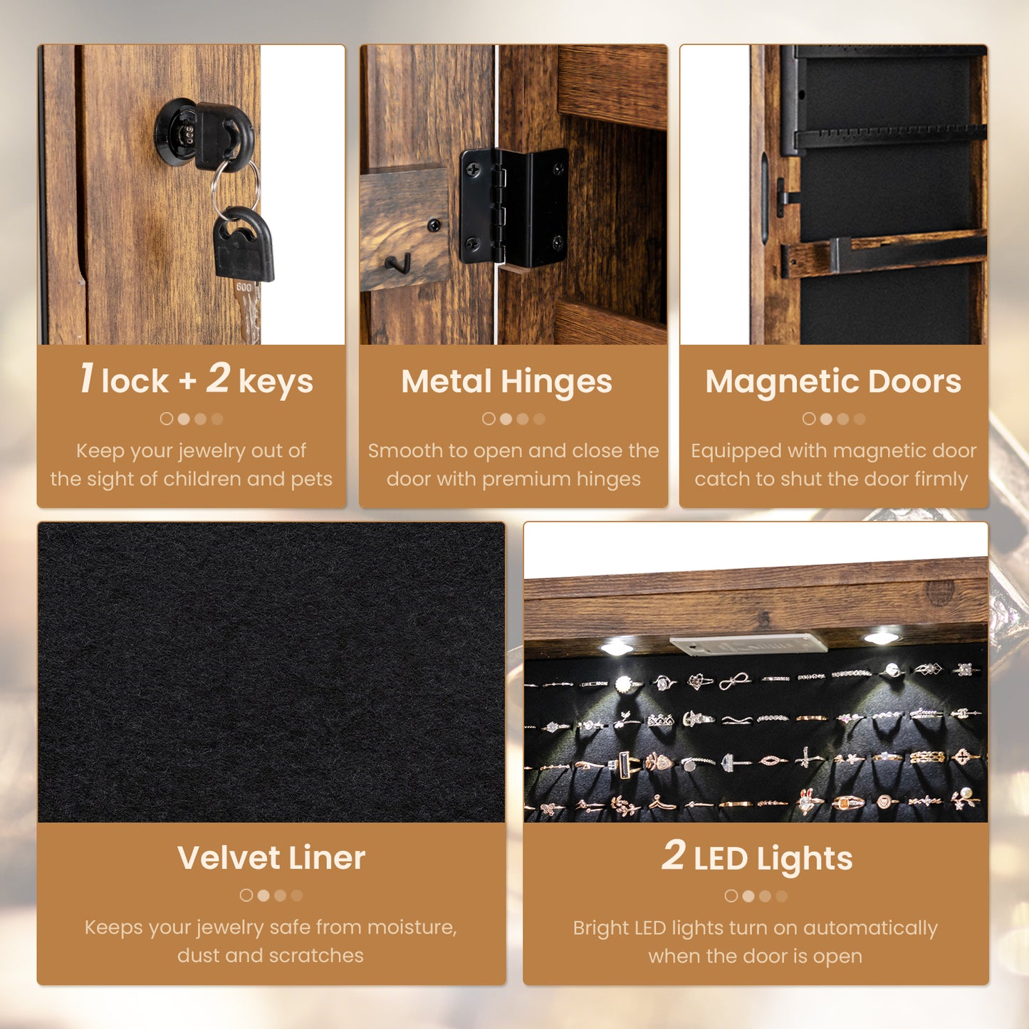 Wall and Door Mounted Mirrored Jewelry Cabinet with Lights-Rustic Brown Kids Crystal