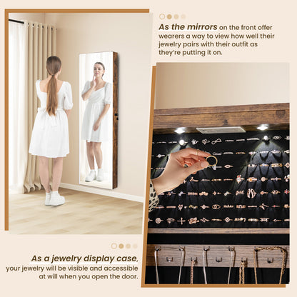 Wall and Door Mounted Mirrored Jewelry Cabinet with Lights-Rustic Brown
