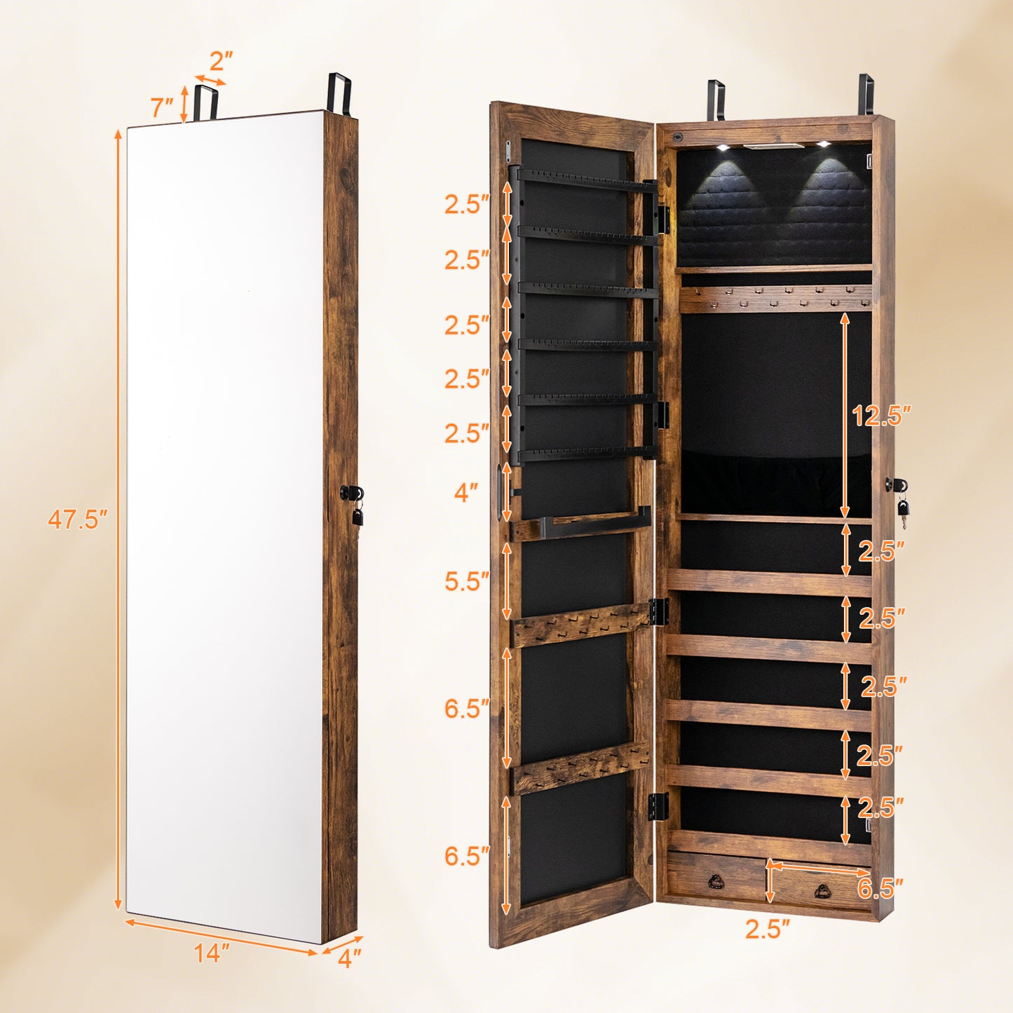 Wall and Door Mounted Mirrored Jewelry Cabinet with Lights-Rustic Brown Kids Crystal