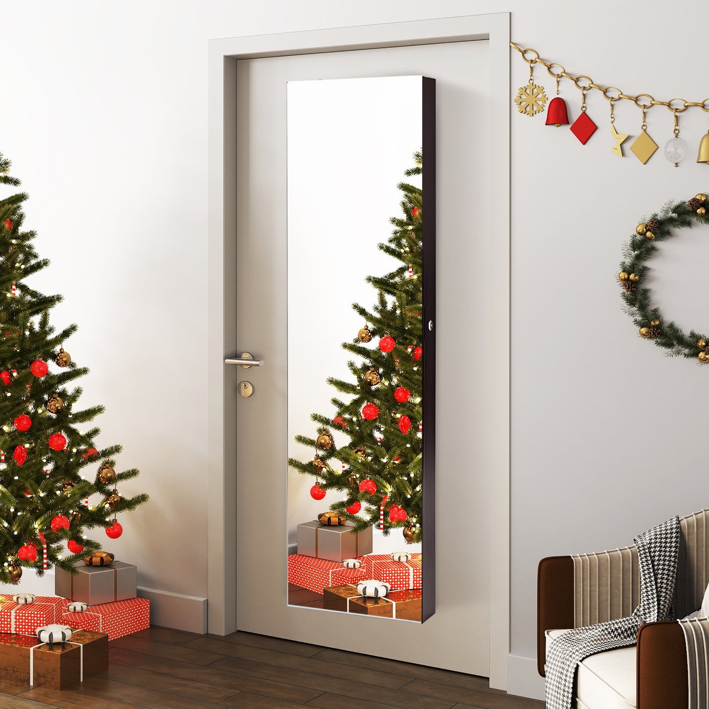 Wall And Door Mounted Mirrored Jewelry Cabinet With Lights-Brown Kids Crystal