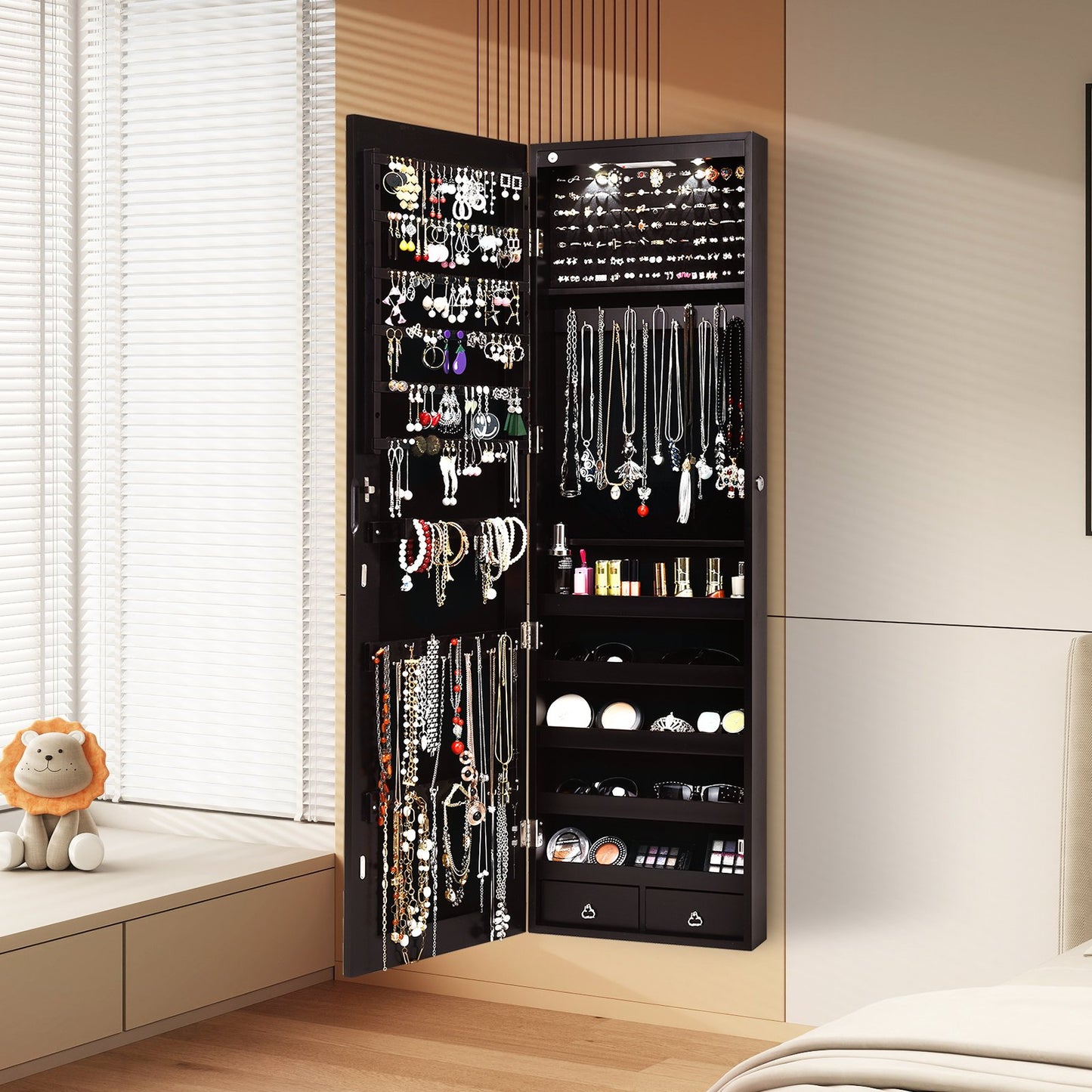 Wall And Door Mounted Mirrored Jewelry Cabinet With Lights-Brown Kids Crystal