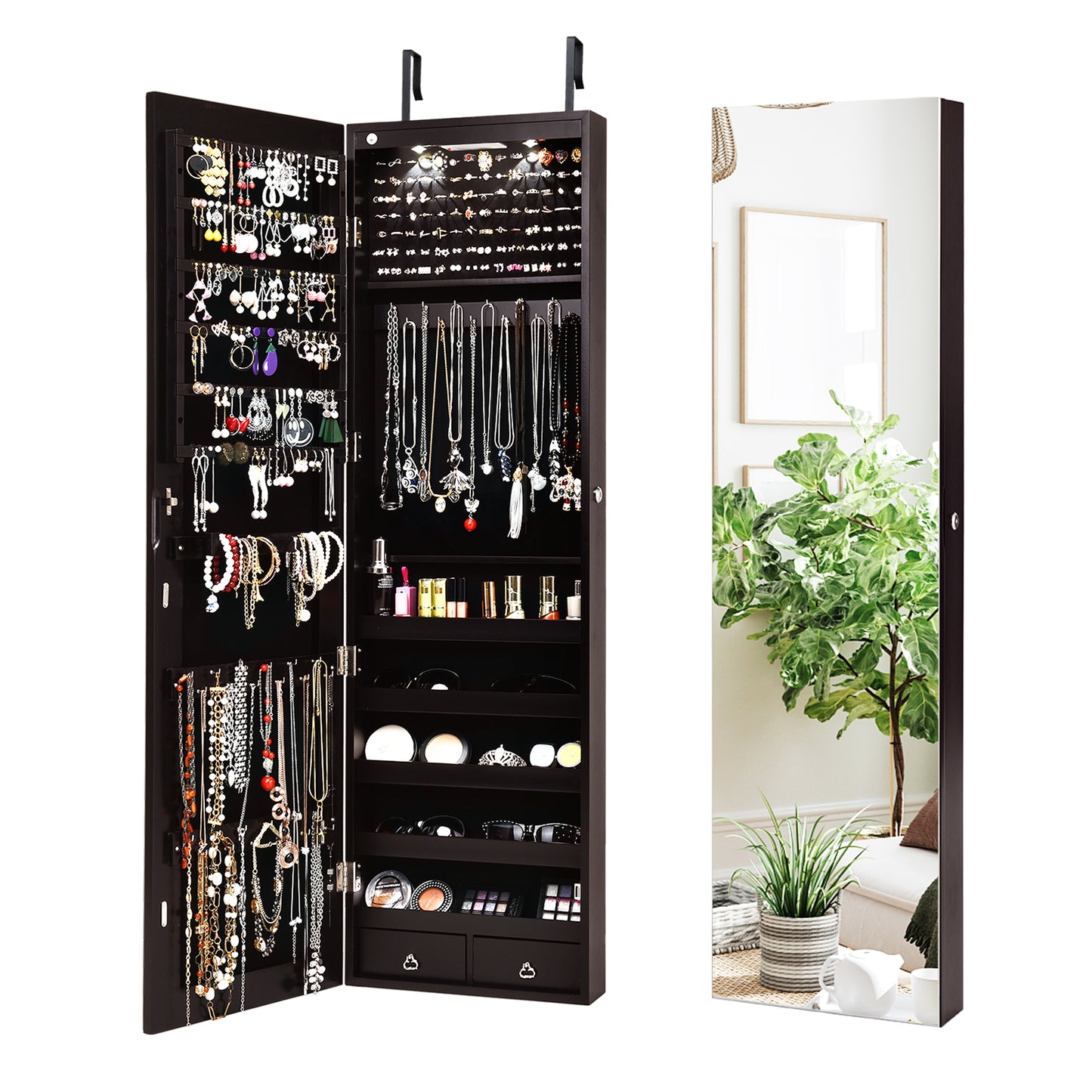 Wall And Door Mounted Mirrored Jewelry Cabinet With Lights-Brown Kids Crystal