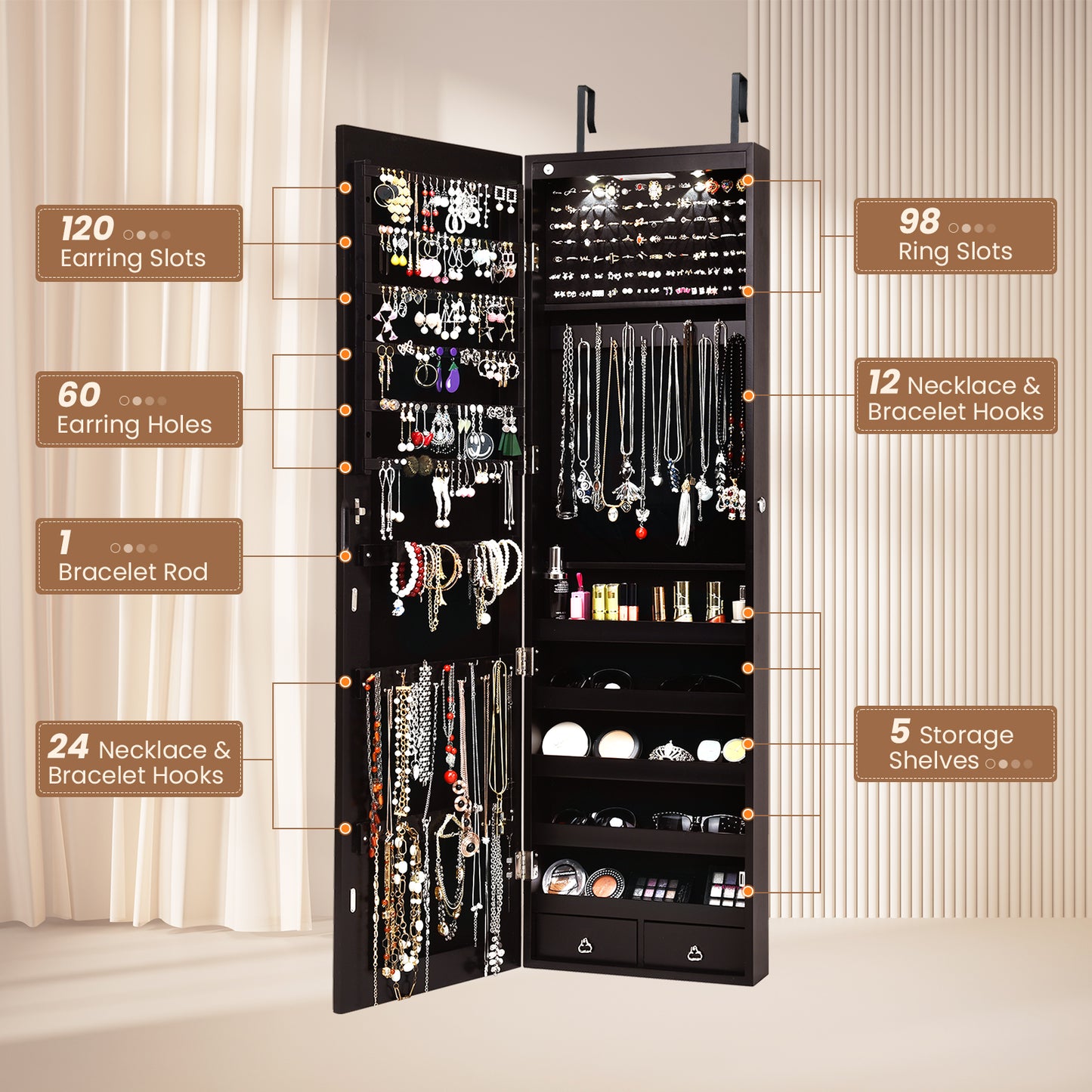 Wall And Door Mounted Mirrored Jewelry Cabinet With Lights-Brown Kids Crystal