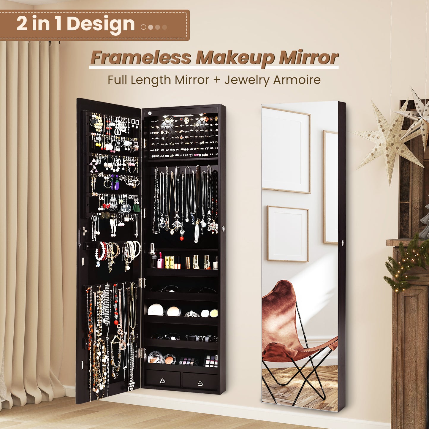 Wall And Door Mounted Mirrored Jewelry Cabinet With Lights-Brown Kids Crystal
