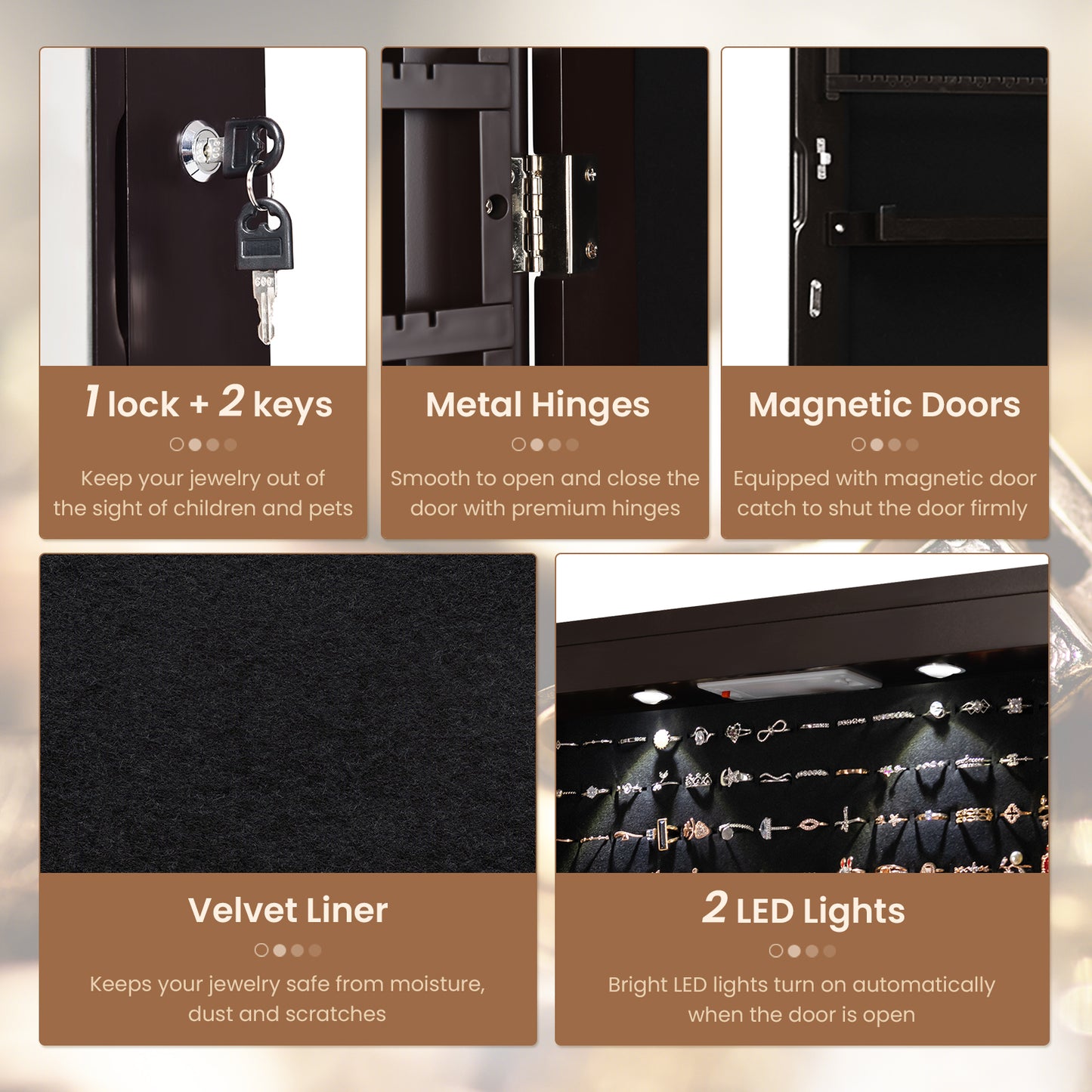 Wall And Door Mounted Mirrored Jewelry Cabinet With Lights-Brown Kids Crystal