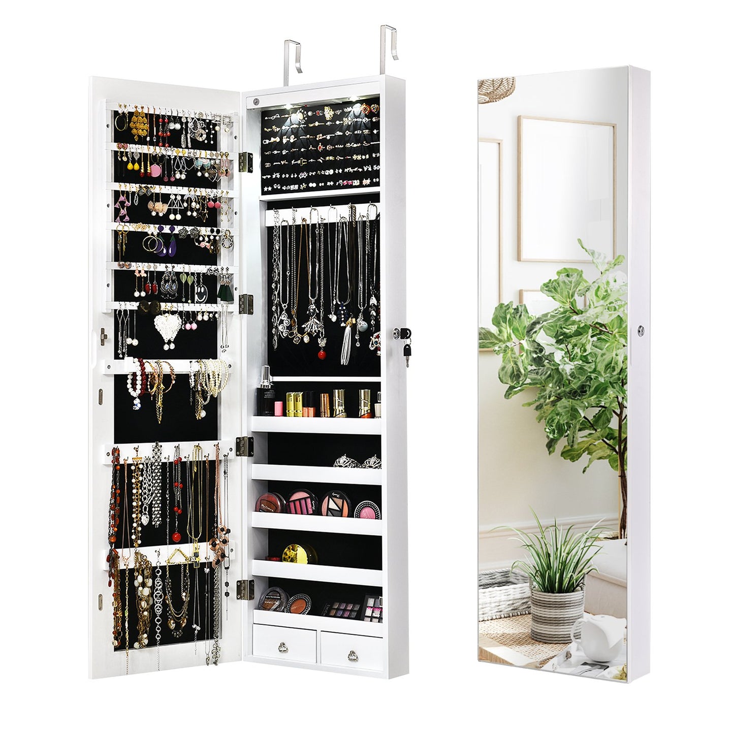 Wall and Door Mounted Mirrored Jewelry Cabinet With Lights-White Kids Crystal