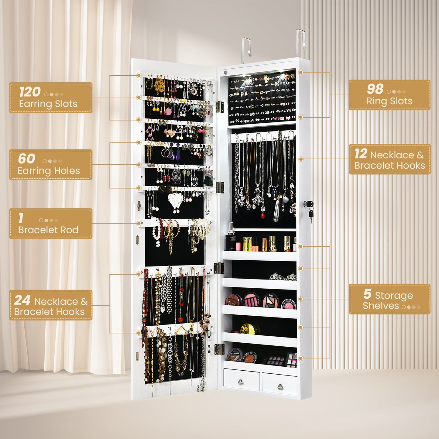 Wall and Door Mounted Mirrored Jewelry Cabinet With Lights-White Kids Crystal
