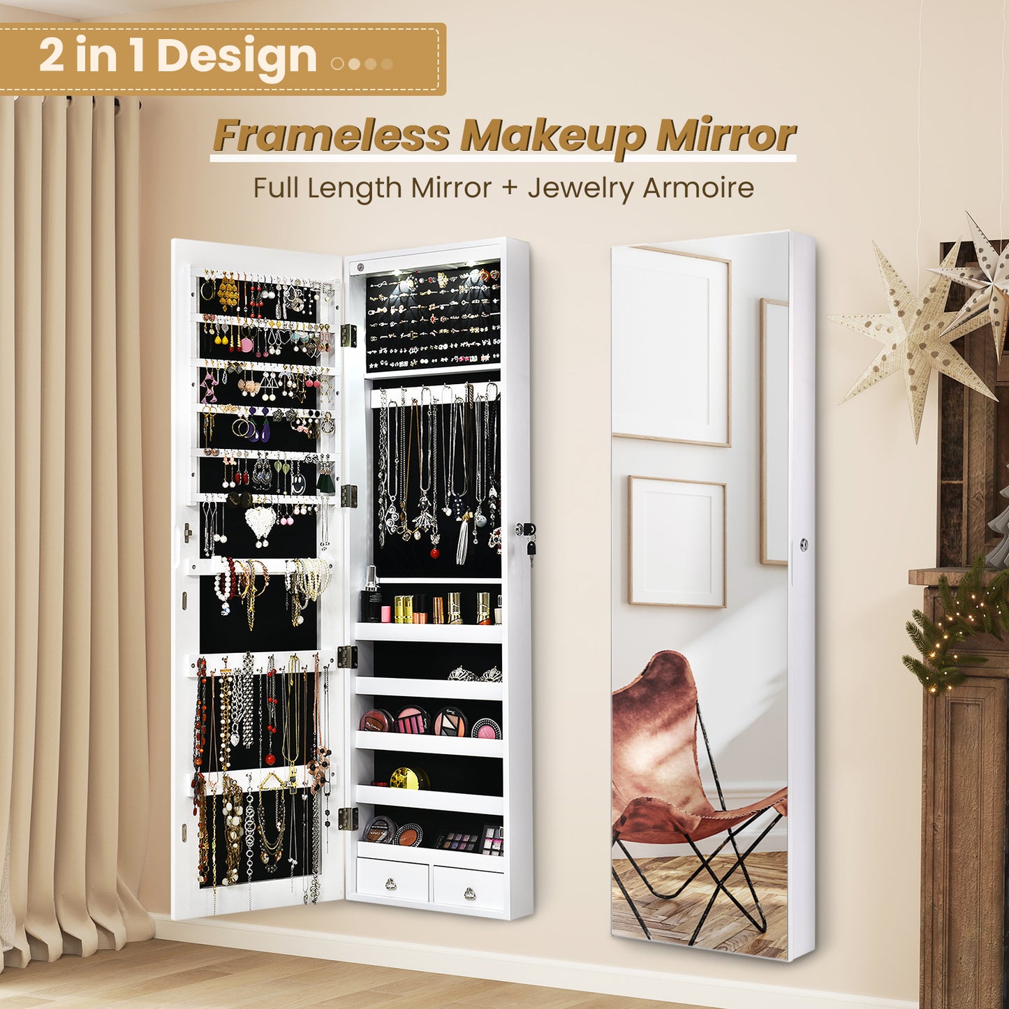 Wall and Door Mounted Mirrored Jewelry Cabinet With Lights-White Kids Crystal