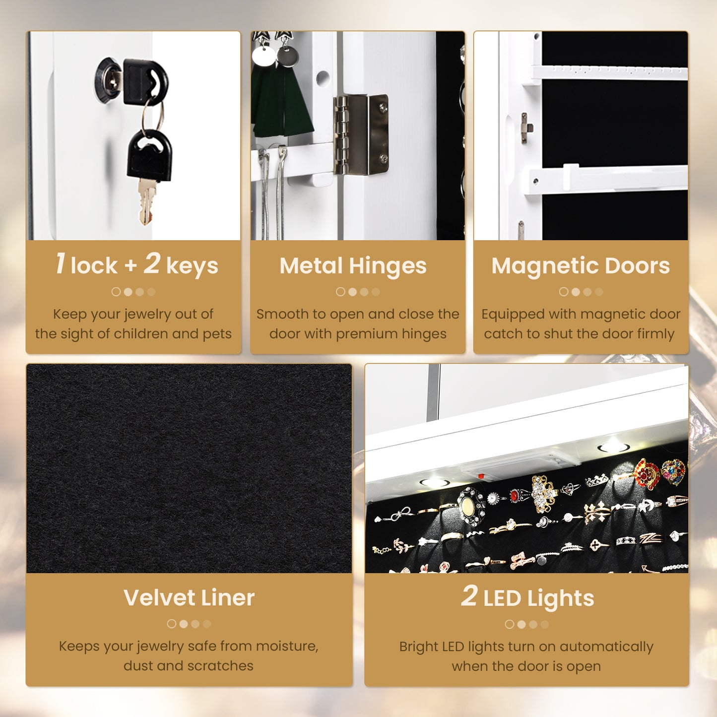 Wall and Door Mounted Mirrored Jewelry Cabinet With Lights-White Kids Crystal