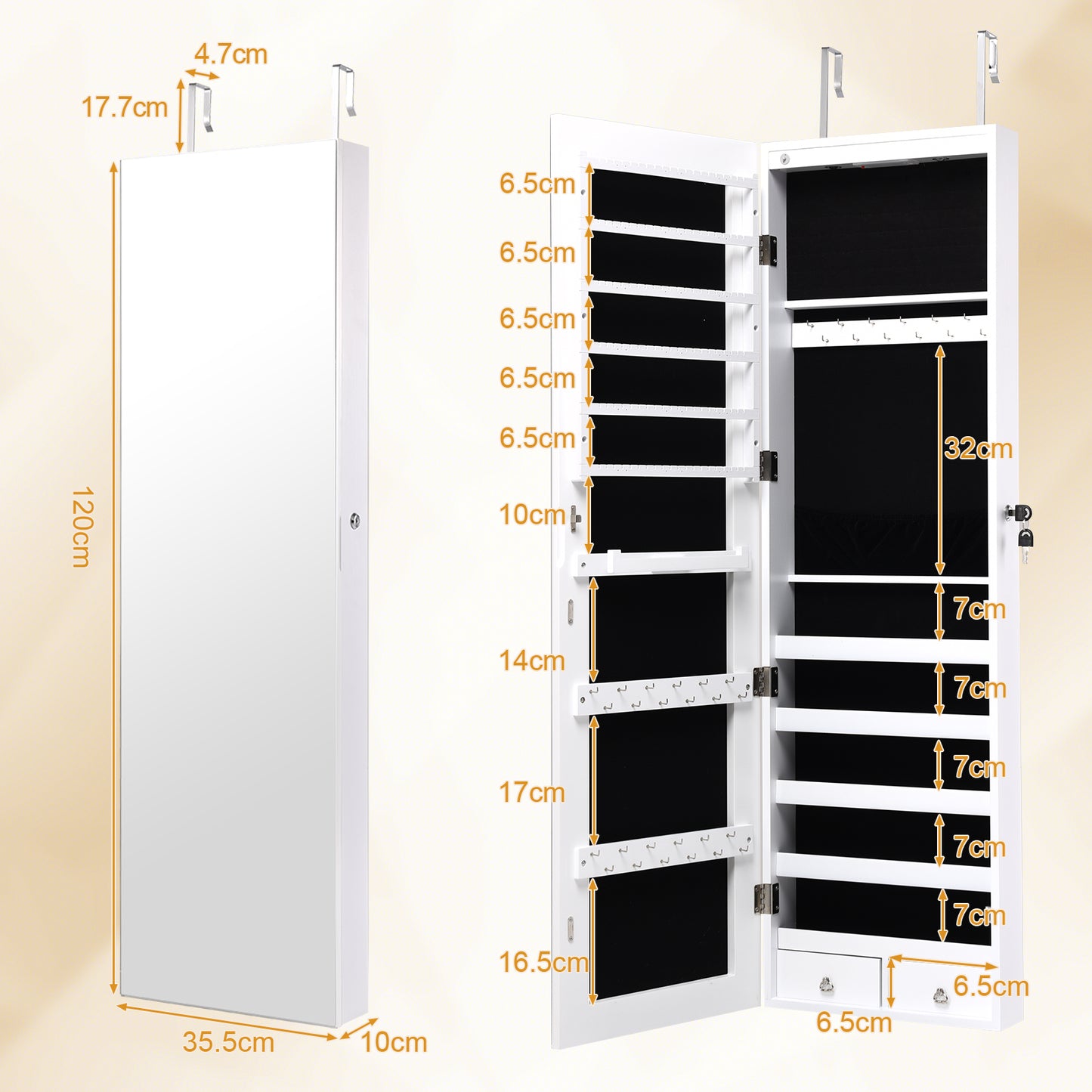 Wall and Door Mounted Mirrored Jewelry Cabinet With Lights-White Kids Crystal
