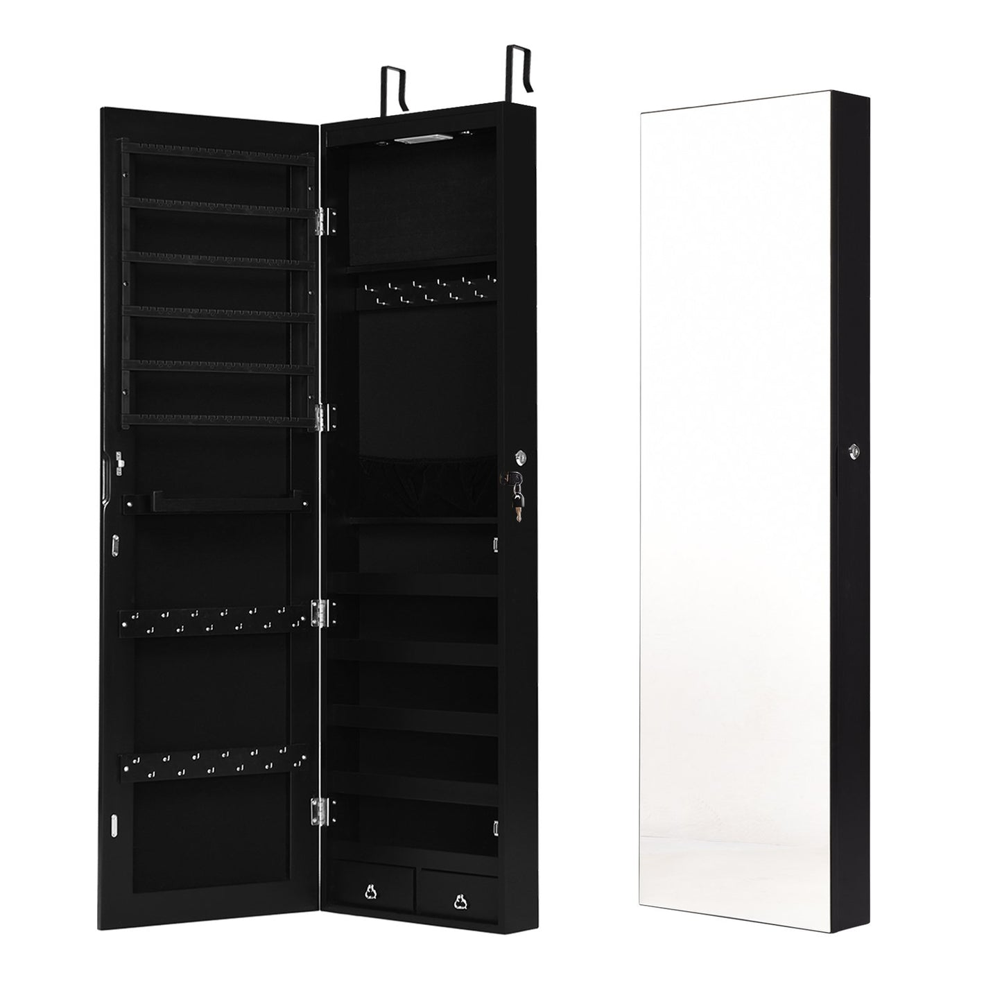 Wall And Door Mounted Mirrored Jewelry Cabinet With Lights-Black Kids Crystal