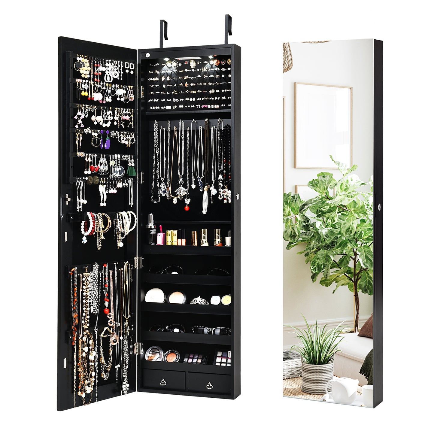 Wall And Door Mounted Mirrored Jewelry Cabinet With Lights-Black Kids Crystal