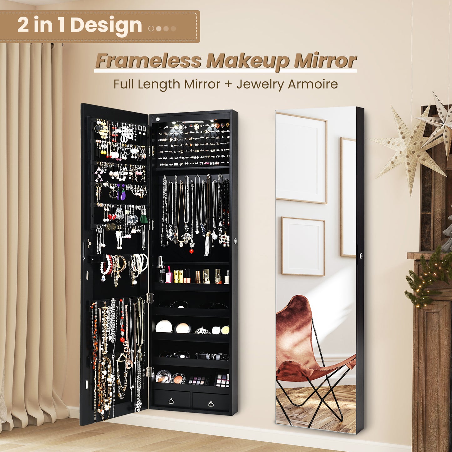 Wall And Door Mounted Mirrored Jewelry Cabinet With Lights-Black Kids Crystal