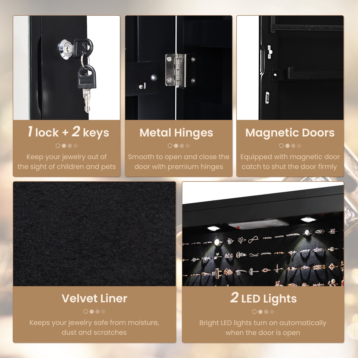Wall And Door Mounted Mirrored Jewelry Cabinet With Lights-Black Kids Crystal