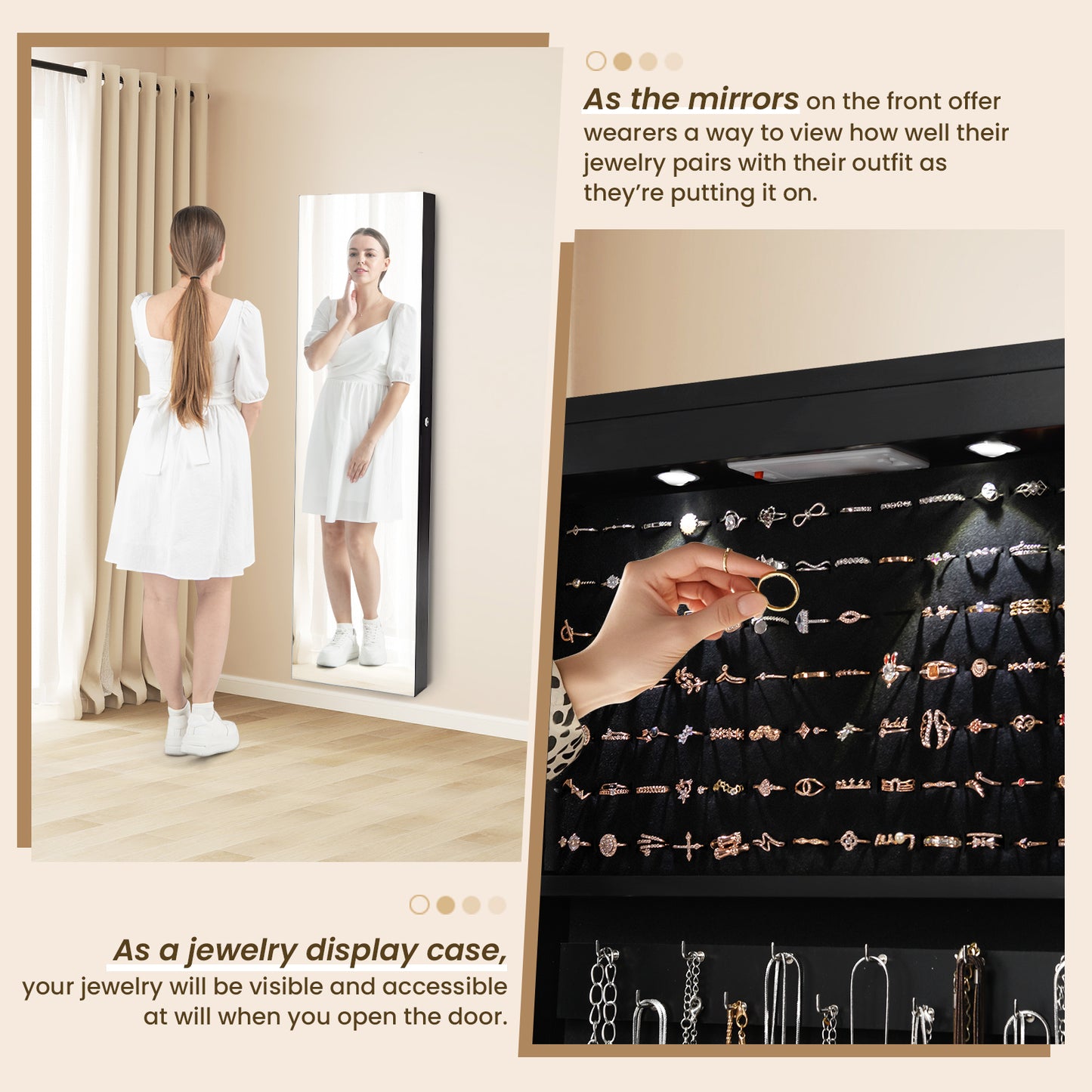 Wall And Door Mounted Mirrored Jewelry Cabinet With Lights-Black Kids Crystal