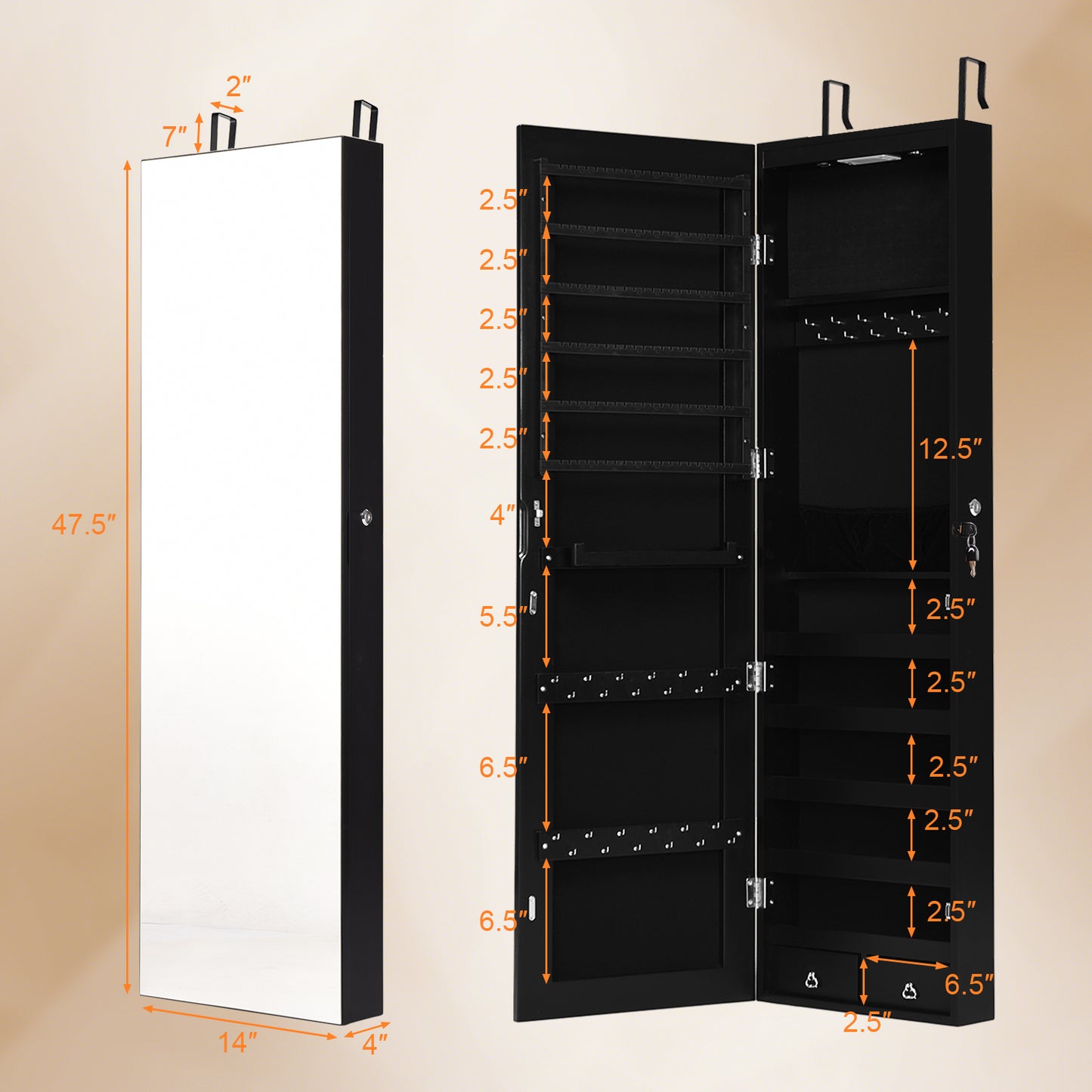 Wall And Door Mounted Mirrored Jewelry Cabinet With Lights-Black Kids Crystal