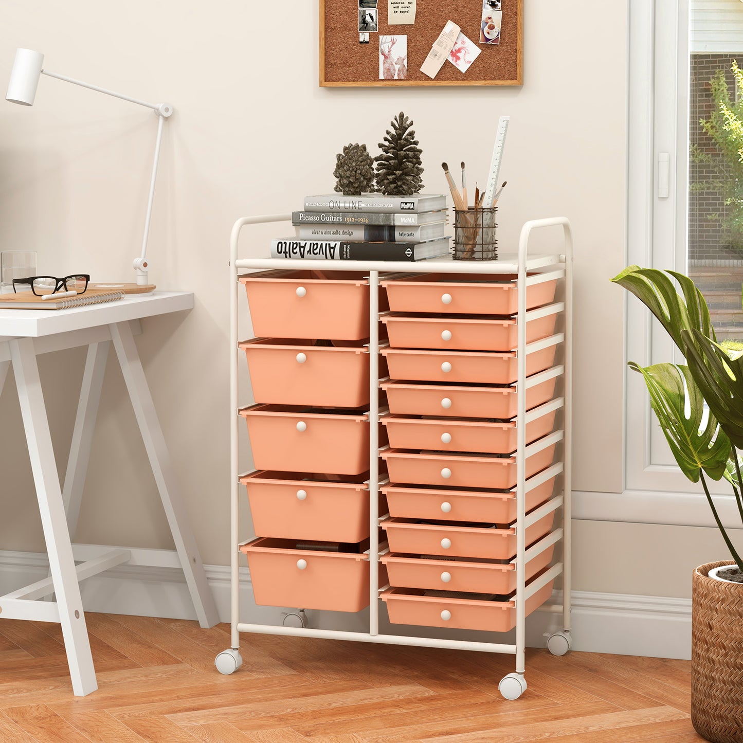 15-Drawer Utility Rolling Organizer Cart Multi-Use Storage-Peach Kids Crystal