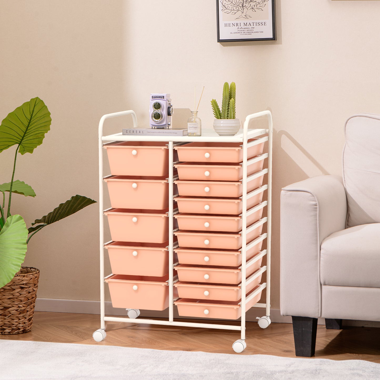 15-Drawer Utility Rolling Organizer Cart Multi-Use Storage-Peach Kids Crystal