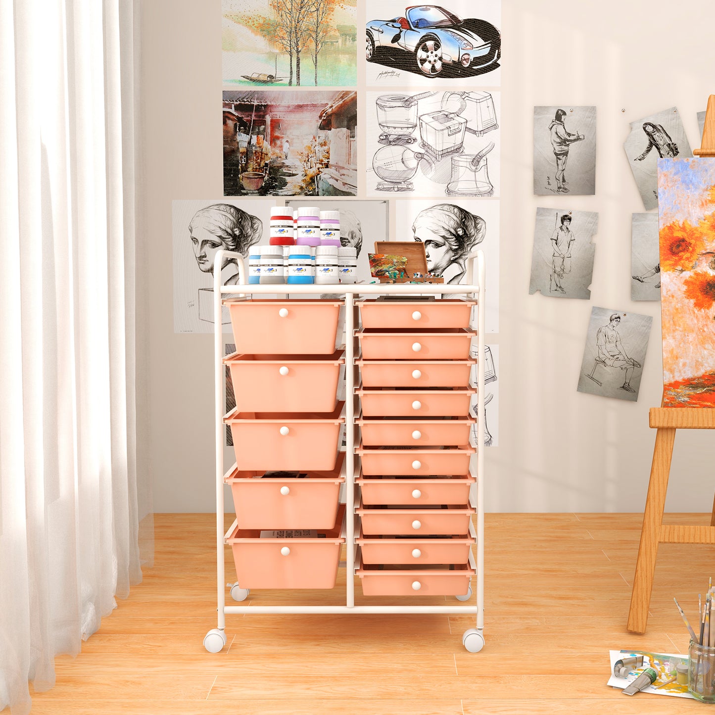 15-Drawer Utility Rolling Organizer Cart Multi-Use Storage-Peach Kids Crystal