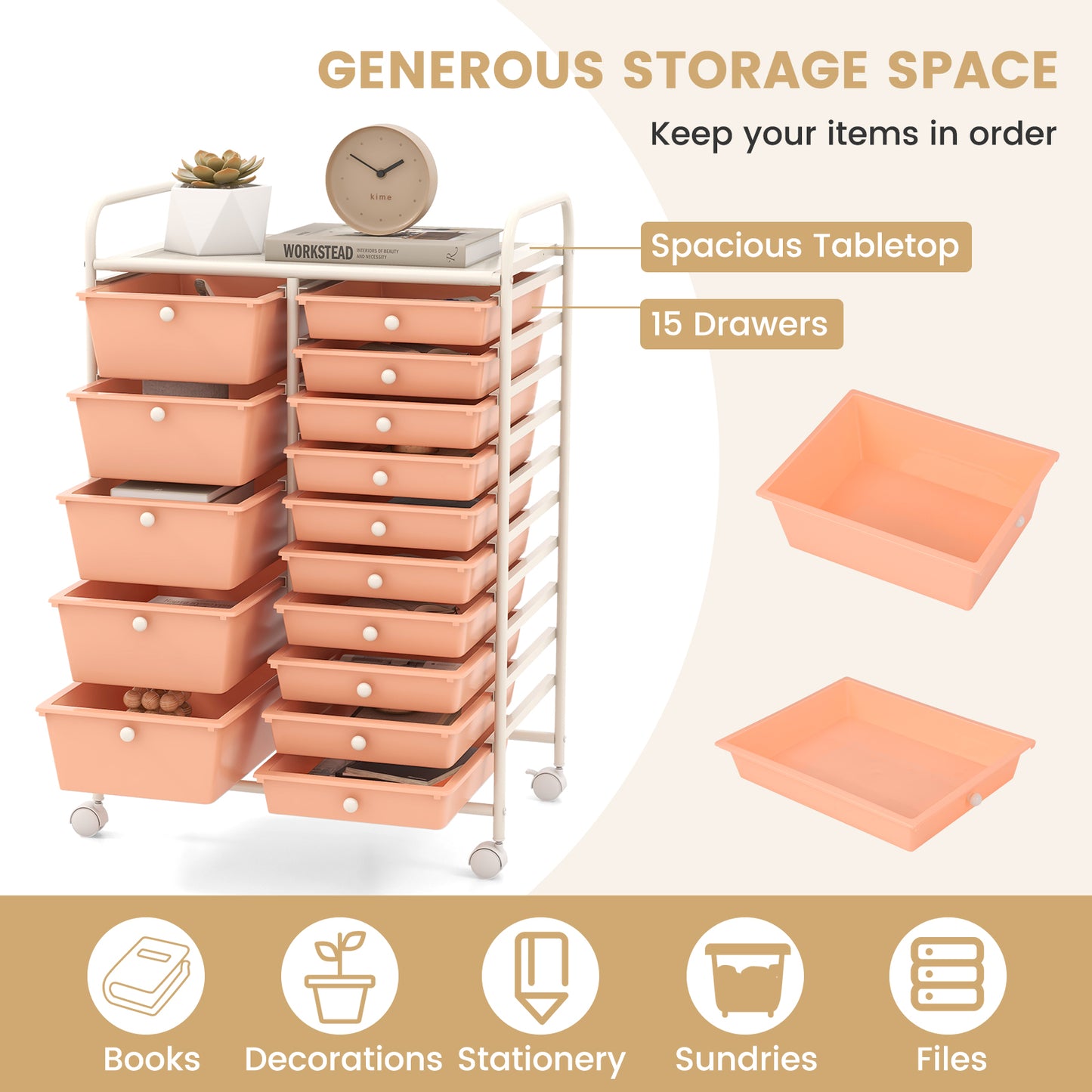 15-Drawer Utility Rolling Organizer Cart Multi-Use Storage-Peach Kids Crystal