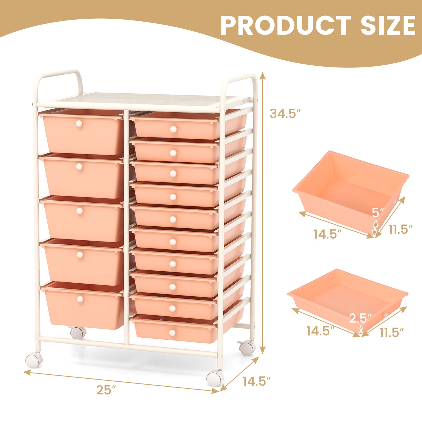 15-Drawer Utility Rolling Organizer Cart Multi-Use Storage-Peach Kids Crystal