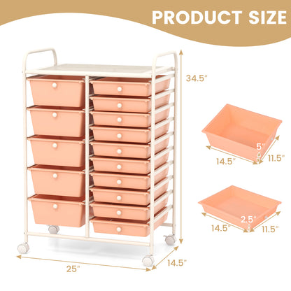 15-Drawer Utility Rolling Organizer Cart Multi-Use Storage-Peach