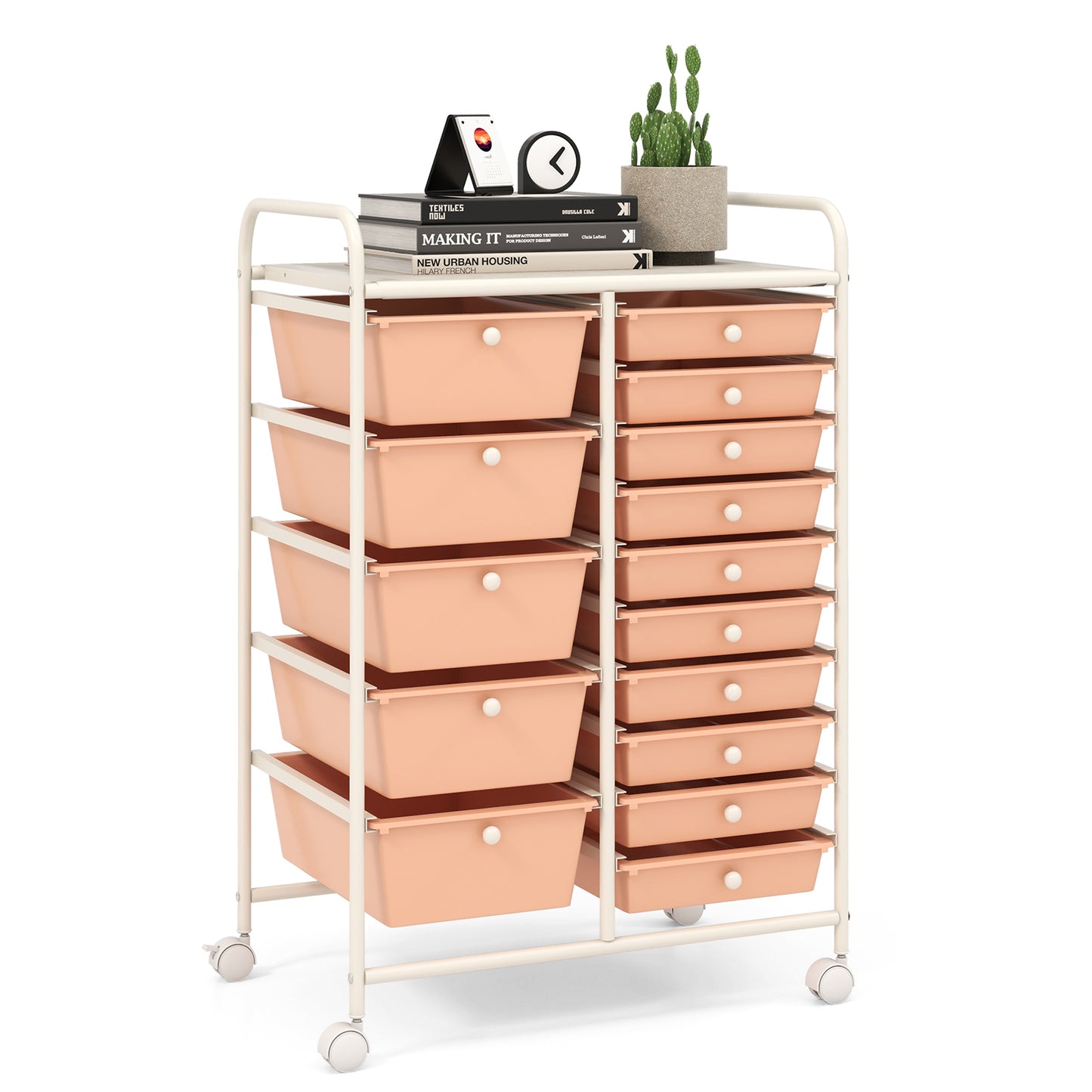 15-Drawer Utility Rolling Organizer Cart Multi-Use Storage-Peach Kids Crystal