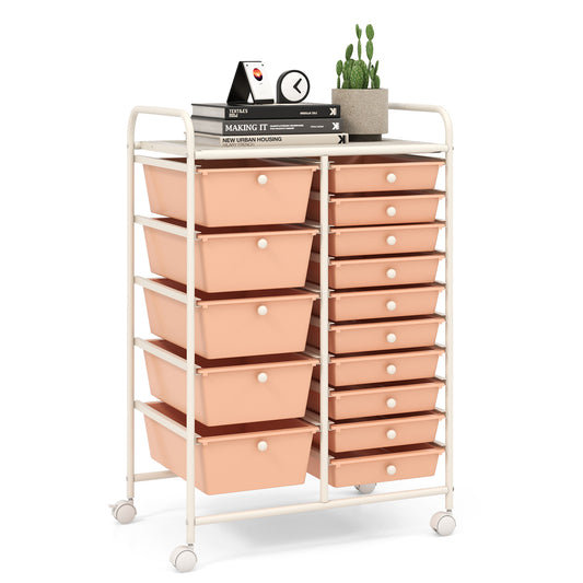 15-Drawer Utility Rolling Organizer Cart Multi-Use Storage-Peach Kids Crystal