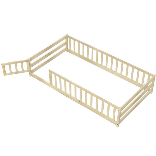 Twin Size Kids Wood Montessori Floor Bed with Door and Fence-Natural Kids Crystal