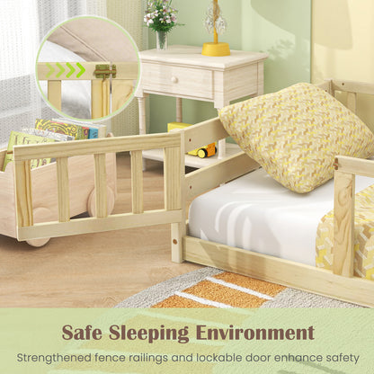 Twin Size Kids Wood Montessori Floor Bed with Door and Fence-Natural