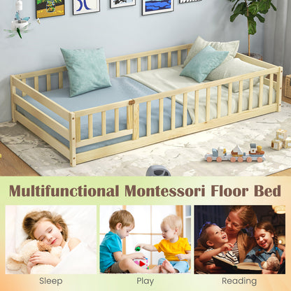 Twin Size Kids Wood Montessori Floor Bed with Door and Fence-Natural