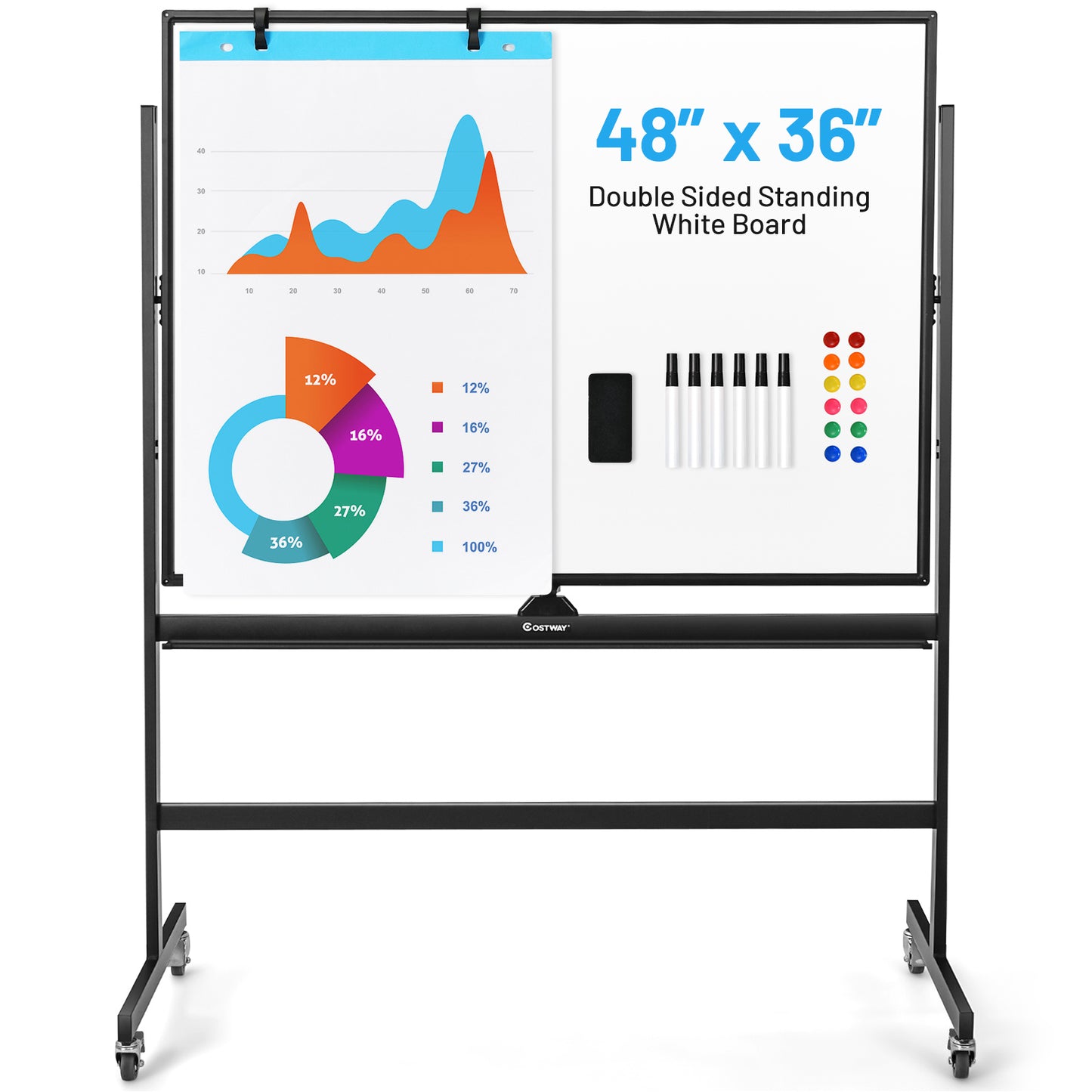 48 x 36 Inch Mobile Magnetic Double-Sided Reversible Whiteboard Height Adjust Kids Crystal
