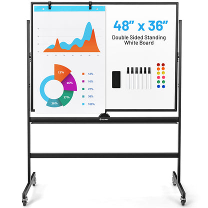 48 x 36 Inch Mobile Magnetic Double-Sided Reversible Whiteboard Height Adjust
