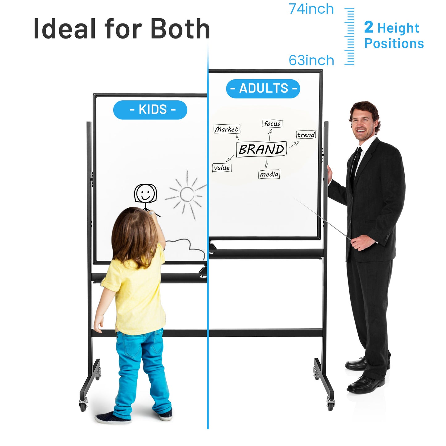 48 x 36 Inch Mobile Magnetic Double-Sided Reversible Whiteboard Height Adjust Kids Crystal