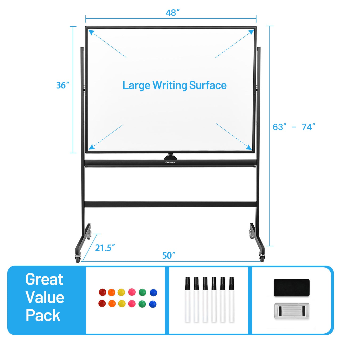 48 x 36 Inch Mobile Magnetic Double-Sided Reversible Whiteboard Height Adjust Kids Crystal
