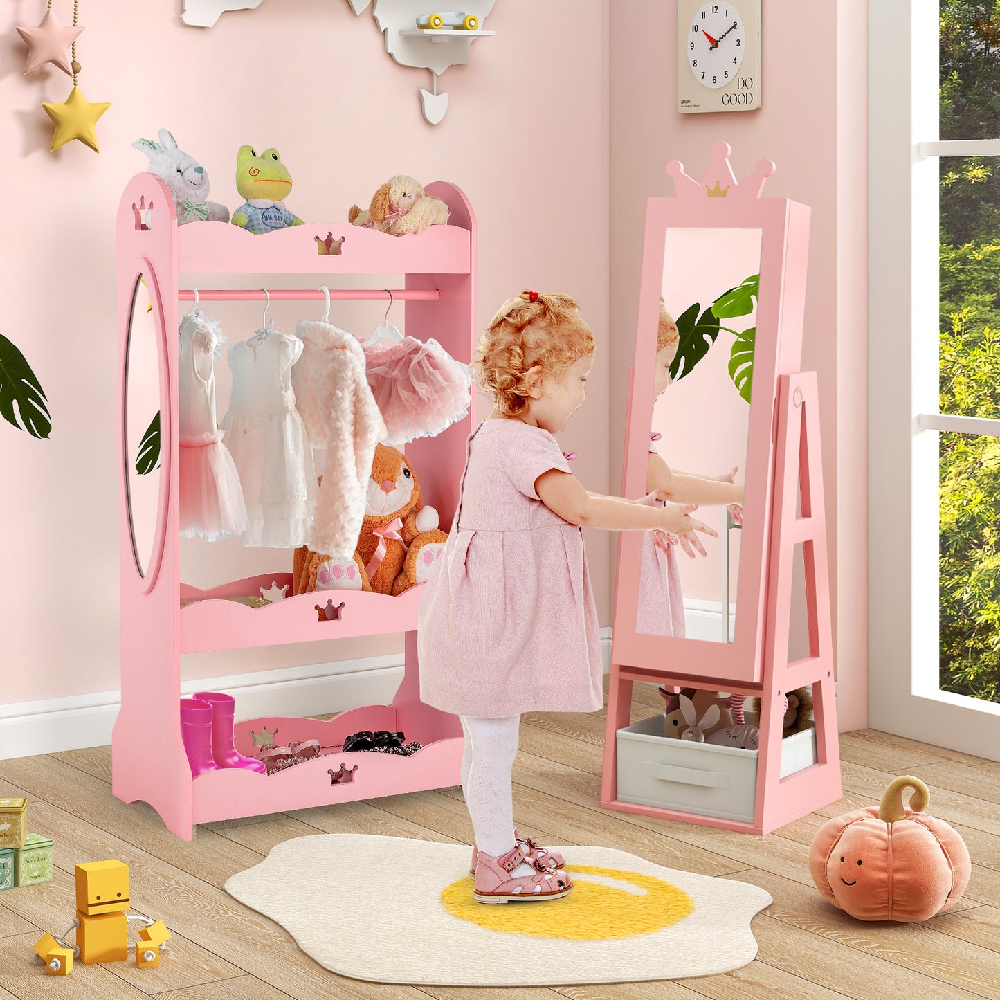 Free-Standing Full Length Kids Jewelry Armoire Cabinet with Storage Capacity-Pink Kids Crystal