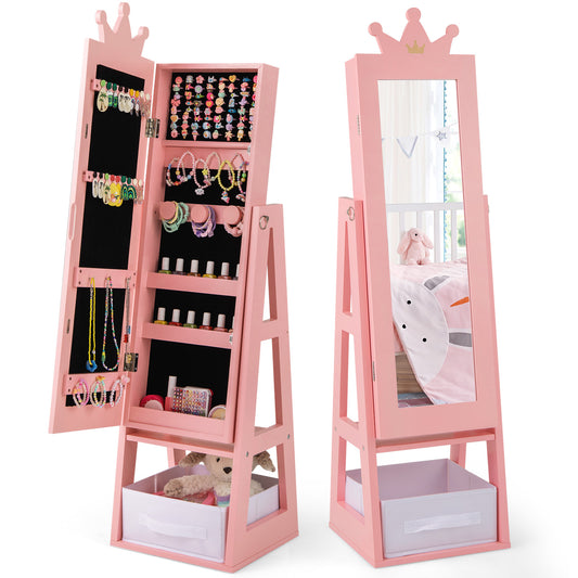 Free-Standing Full Length Kids Jewelry Armoire Cabinet with Storage Capacity-Pink Kids Crystal