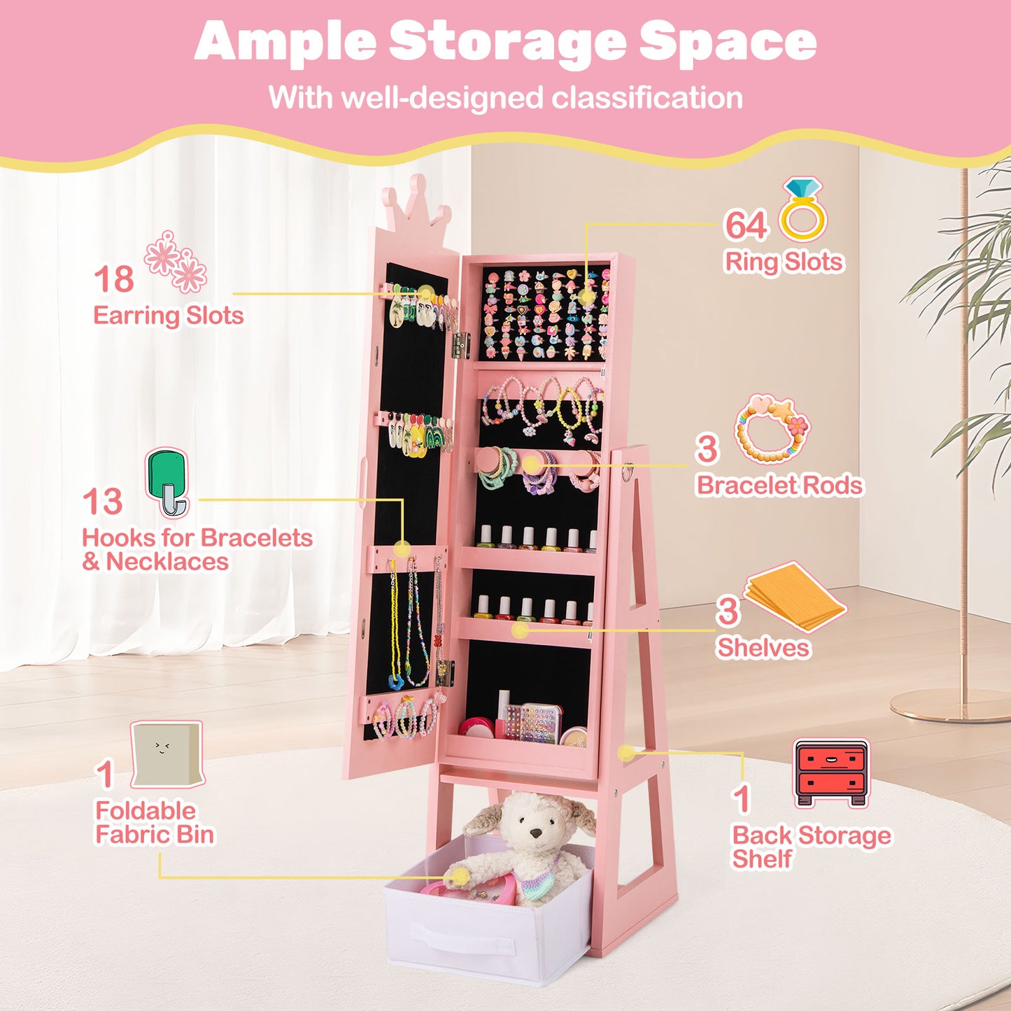 Free-Standing Full Length Kids Jewelry Armoire Cabinet with Storage Capacity-Pink Kids Crystal