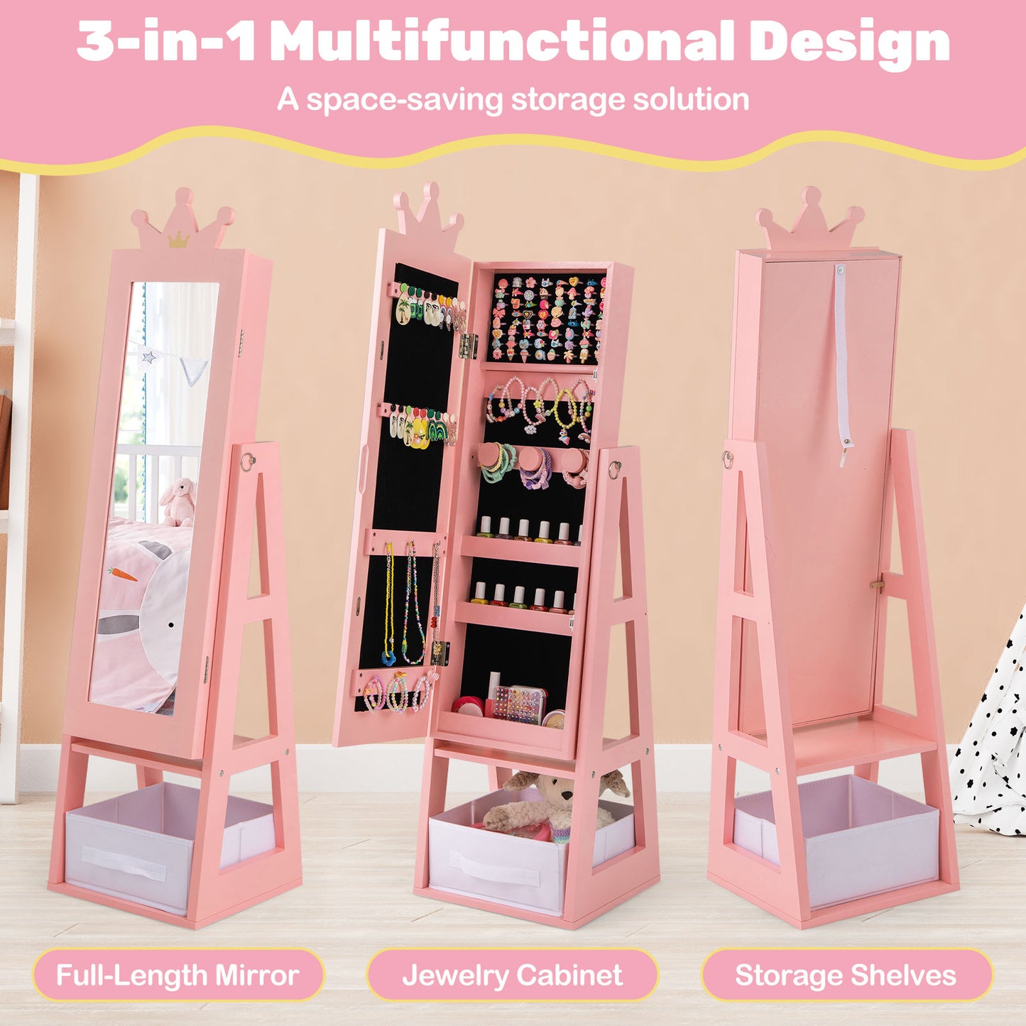 Free-Standing Full Length Kids Jewelry Armoire Cabinet with Storage Capacity-Pink Kids Crystal
