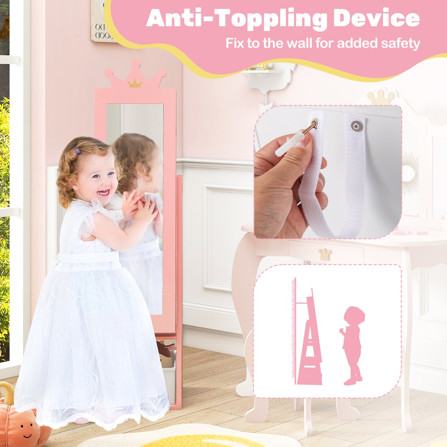 Free-Standing Full Length Kids Jewelry Armoire Cabinet with Storage Capacity-Pink Kids Crystal