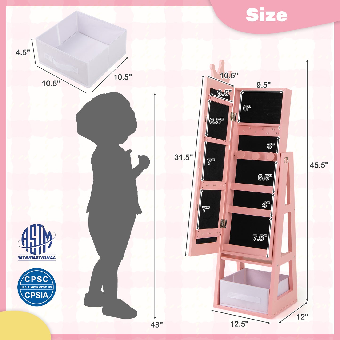 Free-Standing Full Length Kids Jewelry Armoire Cabinet with Storage Capacity-Pink Kids Crystal