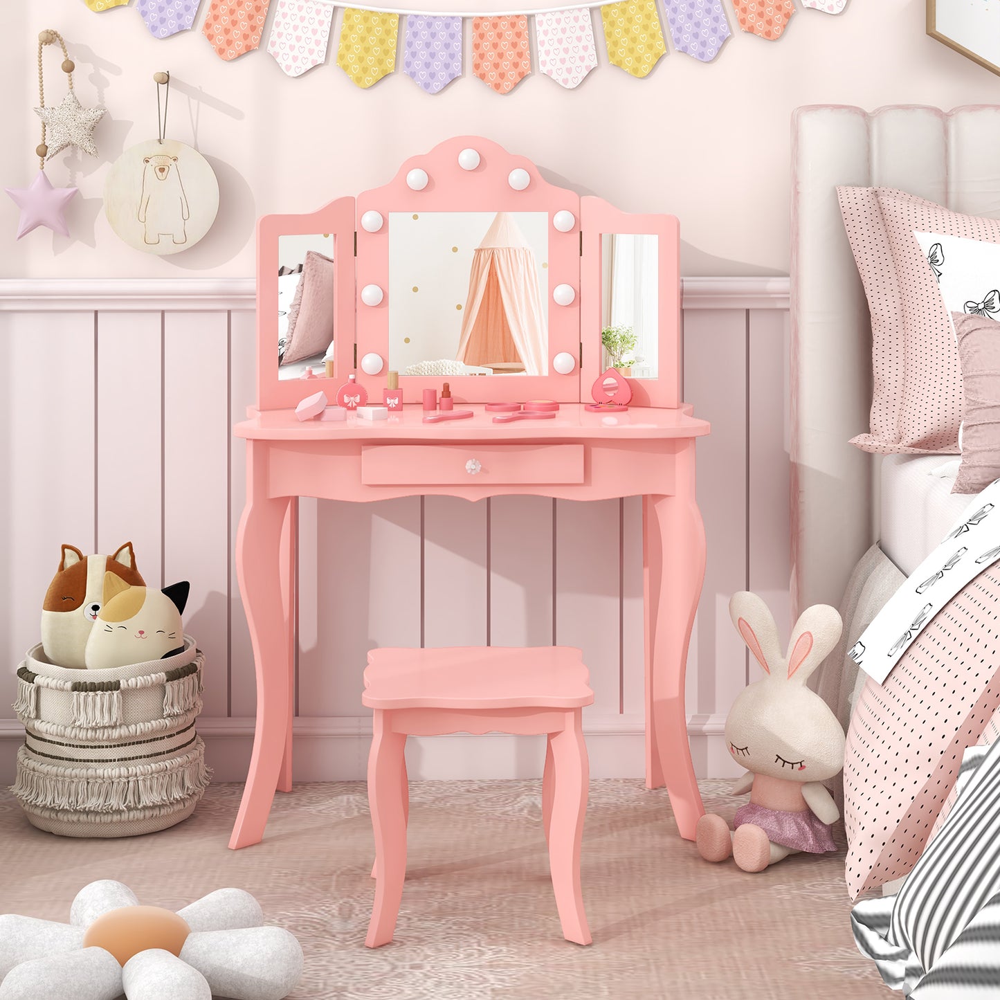 Kid Vanity Table Stool Set with Tri-Folding Mirror and 3-Color LED Lights-Pink Kids Crystal