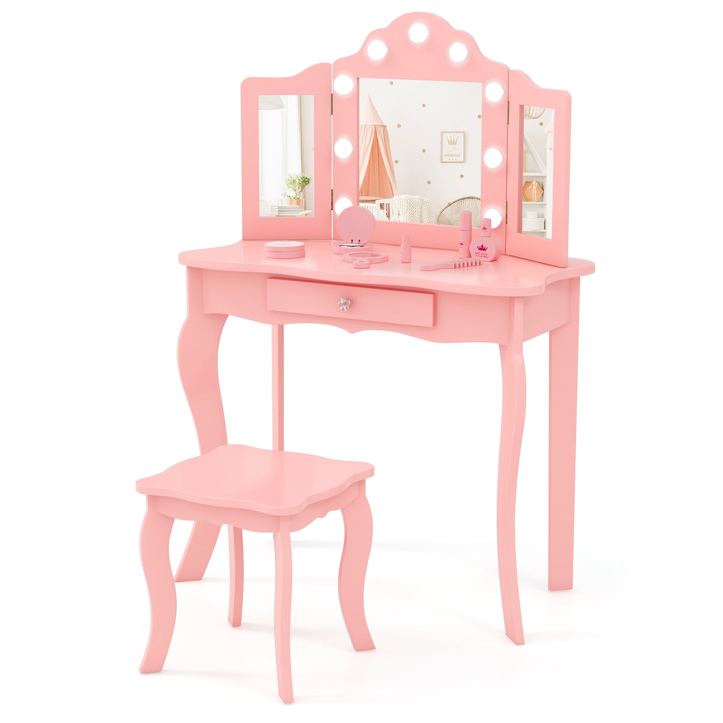 Kid Vanity Table Stool Set with Tri-Folding Mirror and 3-Color LED Lights-Pink Kids Crystal