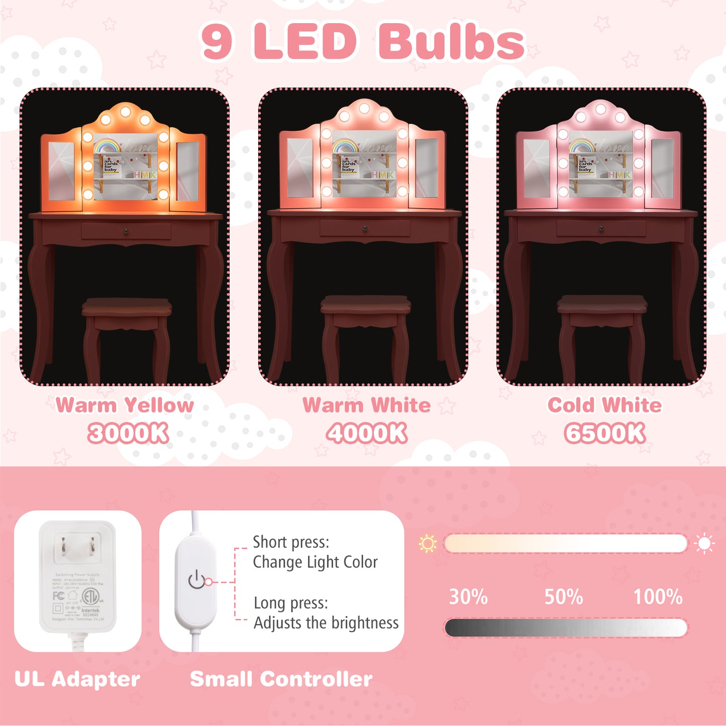 Kid Vanity Table Stool Set with Tri-Folding Mirror and 3-Color LED Lights-Pink Kids Crystal