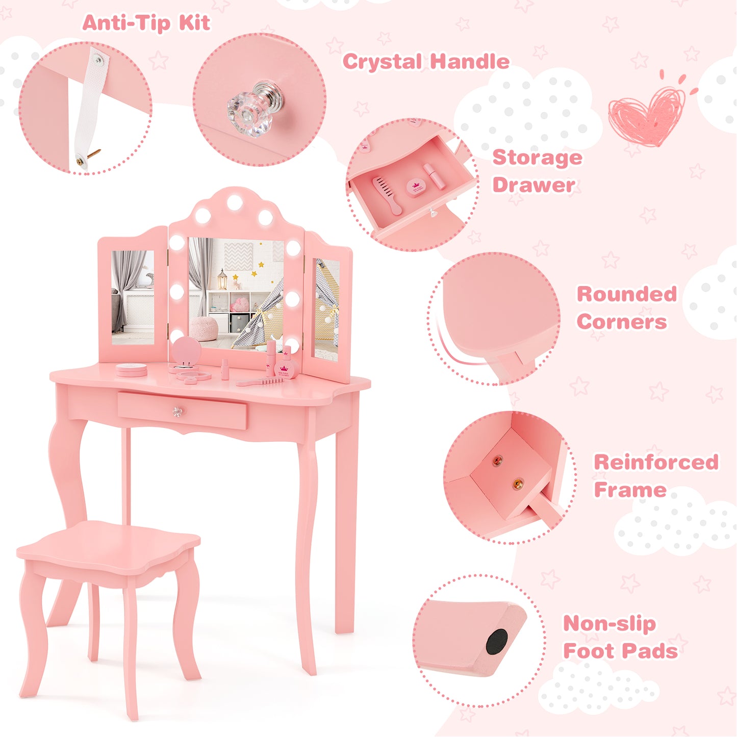 Kid Vanity Table Stool Set with Tri-Folding Mirror and 3-Color LED Lights-Pink Kids Crystal